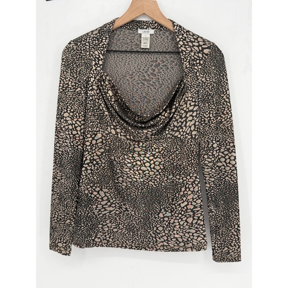 Cache Top Women Small Black Gold Snake Print Cowl Neck Blouse Y2K‎ Glam Shimmer